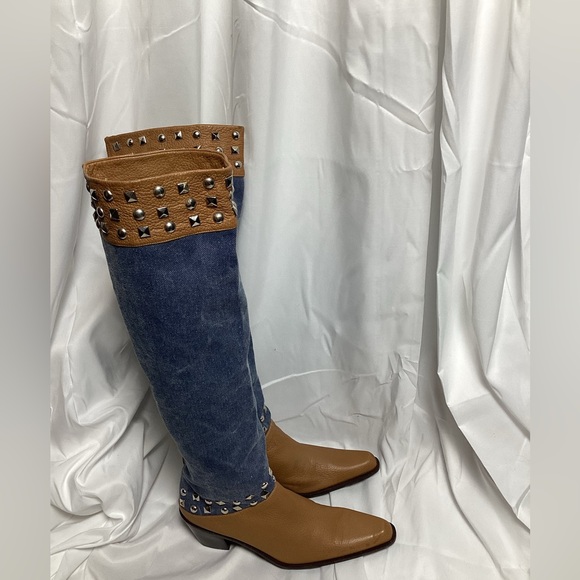 Stuart Weitzman Studded Denim & Leather Boots - Size 7M - Picture 5 of 13